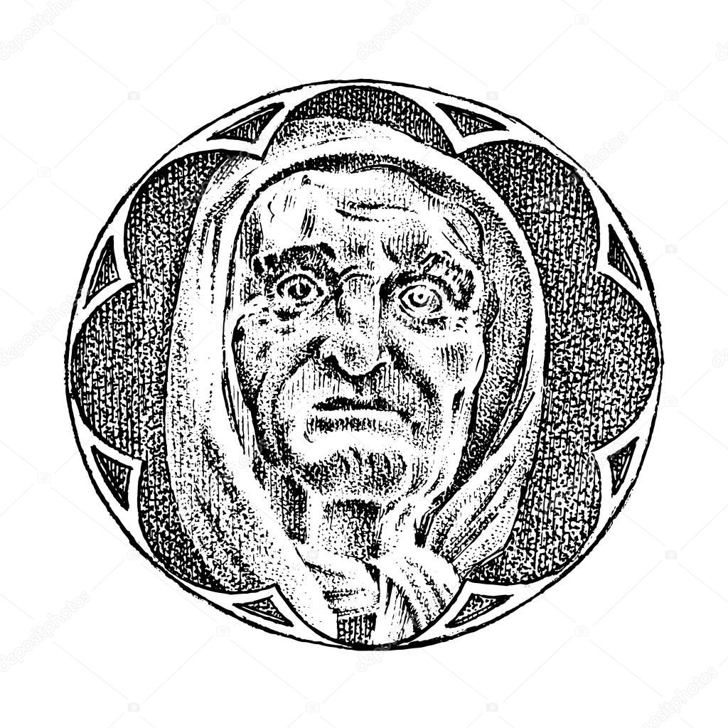 Gothic element with old woman or witch or crone. historical ornament of the building. Hand drawn sketch. Engraved monochrome illustration.