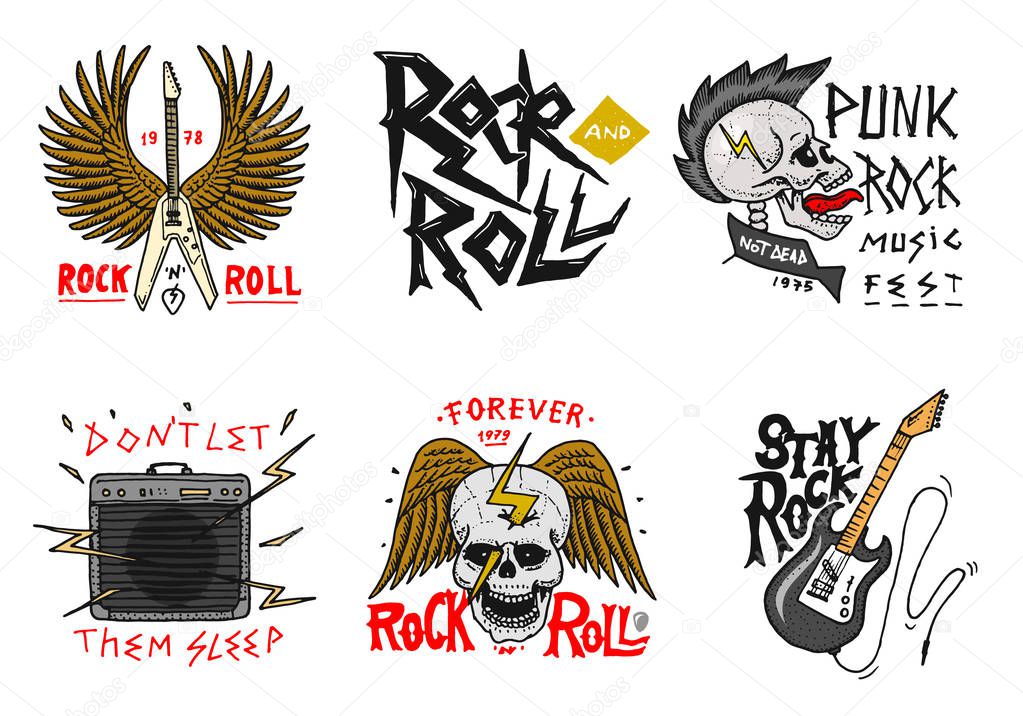 Set of Rock and Roll music symbols with Guitar, Wings and Skull. labels, logos. Heavy metal templates for design t-shirt, night party and festival. Hand drawn. Engraved sketch.