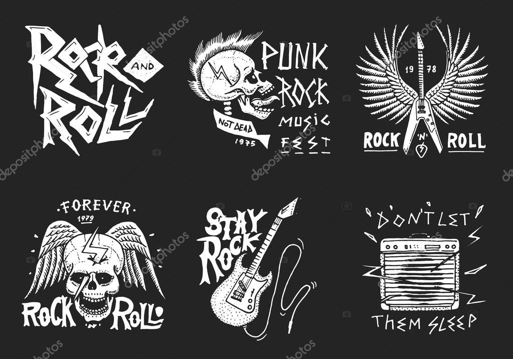 Set of Rock and Roll music symbols with Guitar, Wings and Skull. labels, logos. Heavy metal templates for design t-shirt, night party and festival. Hand drawn. Engraved sketch