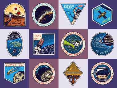 Uzay logo kümesi. Mars'a insan görev. Astronomik galaksinin keşfi. Astronot ya da uzaylı macera. Gezegen ve uyduları rozet amblemi yama sticker. oyulmuş elle çizilmiş Vintage kroki