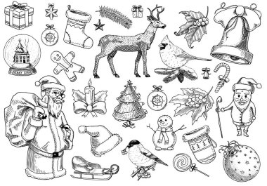 Merry Christmas ve yeni yıl, xmas öğeleri ile hayvan ve Noel Baba kümesi. oyulmuş elle eski kroki ve vintage doodle tarzı çizilmiş. Vektör çizim.