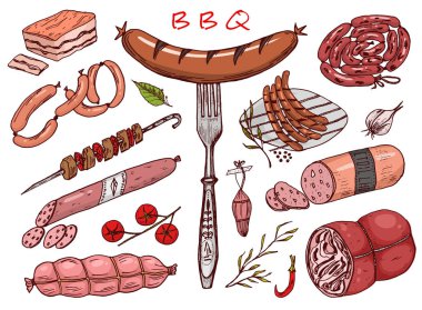 Et yemek, sosis ve Biftek Barbekü ve piknik için. Menü için Doodle işaretler. Vintage illüstrasyon kazınmış. tek renkli stil.