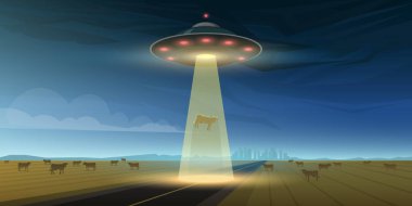UFO veya uzayda uçan daire. Uzaylılar bir uzay aracı başlattı. Yeryüzünde bir ışık parlar. Küçük yeşil adamlar. Dünya dışı gezegenimizin uçtu. Kozmik Şablon afiş, kartları veya posterler için.