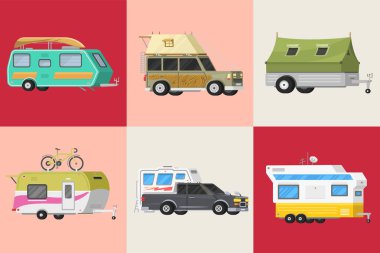 Trayler veya aile karavan kamp karavan kümesi. Turist otobüsü ve çadır açık rekreasyon ve seyahat için. Mobil Ev kamyon. SUV otomobil Crossover. Turist ulaşım, gezi, eğlence araçları.