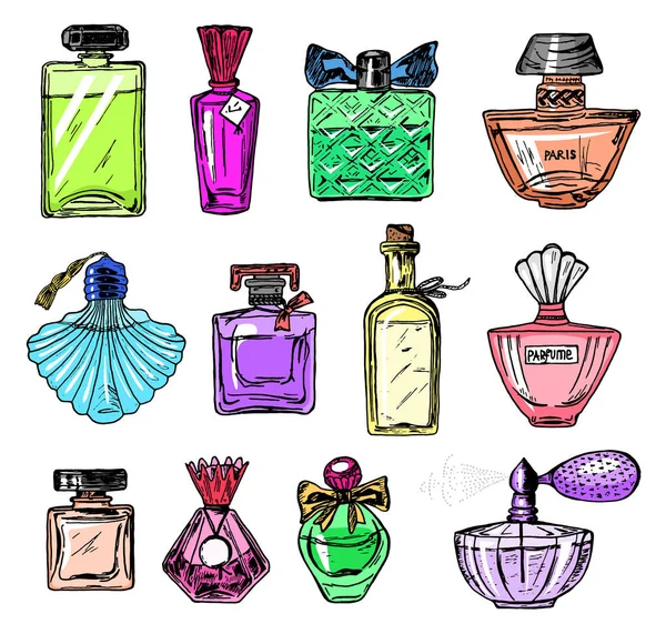 Набір жіночих парфумів у пляшці. Прекрасний модний скляний аксесуар. Рука намальована ескізом. Вінтажний стиль . — стоковий вектор