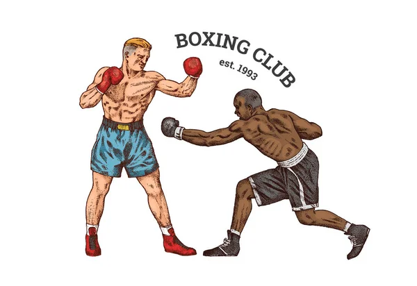 Les boxeurs s'entraînent. Sport hommes forts se battent. Illustration monochrome vintage. Dessiné à la main . — Image vectorielle
