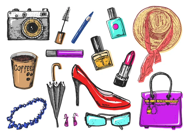 Damenaccessoires Kosmetik. Vintage-Stil. Handgezeichneter Doodle-Hut, Schuhe und Schminkutensilien. Aufnäher und Pins. — Stockvektor