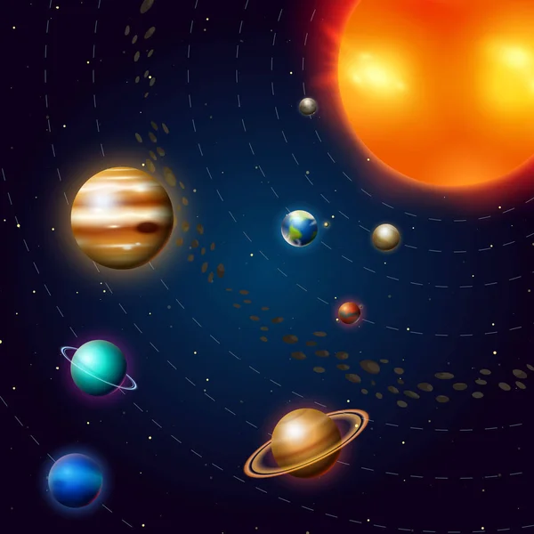 Pianeti del sistema solare. Via Lattea. Spazio e astronomia, l'universo infinito e la galassia tra le stelle del cielo. Istruzione e scienza nel mondo. Sfera Marte Venere Sole Terra Giove . — Vettoriale Stock