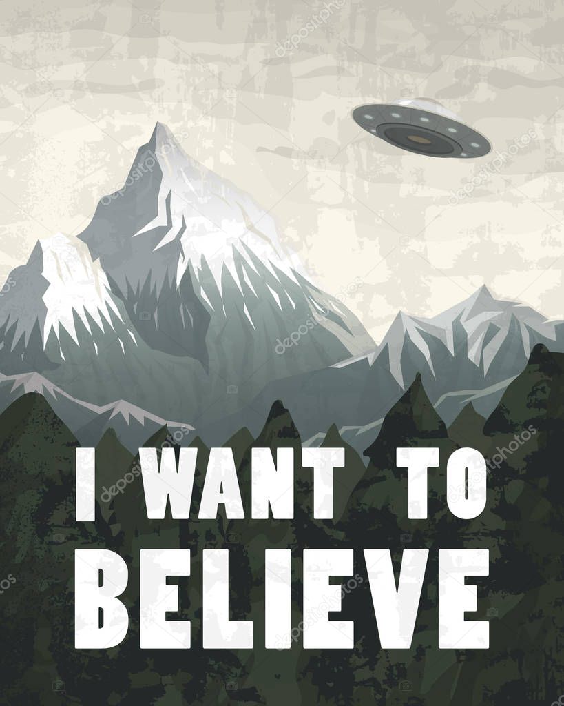 UFO or Flying saucer on a background of mountains. Space Aliens in the spacecraft. A flash of bright light takes all life. Little Green Men. Cosmic Template for banners, cards or posters.