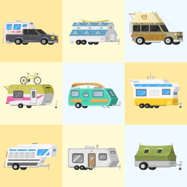 Trayler veya aile karavan kamp karavan kümesi. Turist otobüsü ve çadır açık rekreasyon ve seyahat için. Mobil Ev kamyon. SUV otomobil Crossover. Turist ulaşım, gezi, eğlence araçları.