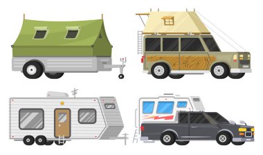 Trayler veya aile karavan kamp karavan. Turist otobüsü ve çadır açık rekreasyon ve seyahat için. Mobil Ev kamyon. SUV otomobil Crossover. Turist ulaşım, gezi, eğlence araçları.