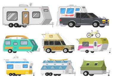 A set of trailers or family RV camping caravan. Tourist bus and tent for outdoor recreation and travel. Mobile home truck. Suv Car Crossover. Tourist transport, road trip, recreational vehicles. clipart