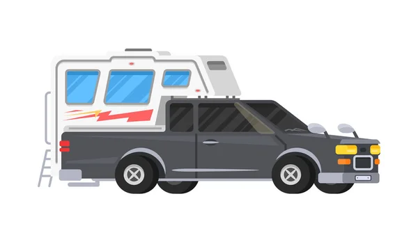 Remolques o caravana familiar de camping RV. Bus turístico y tienda de campaña para recreación al aire libre y viajes. Camión móvil. Suv Car Crossover. Transporte turístico, viaje por carretera, vehículos recreativos . — Vector de stock