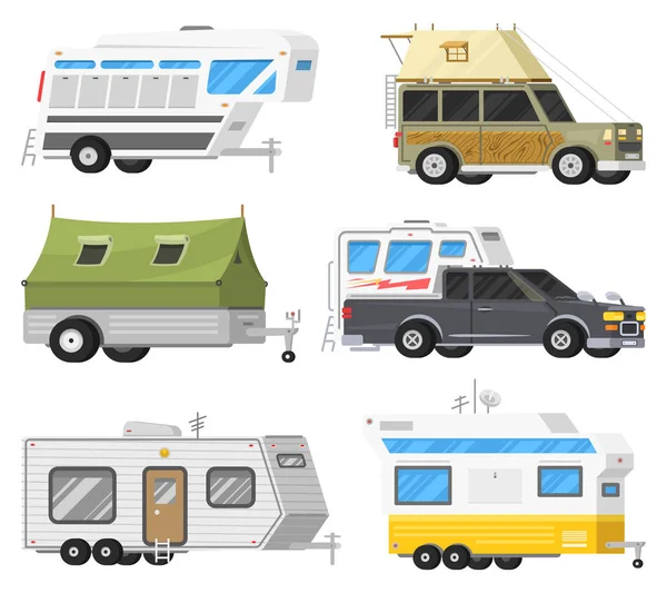 Remolques o caravana familiar de camping RV. Bus turístico y tienda de campaña para recreación al aire libre y viajes. Camión móvil. Suv Car Crossover. Transporte turístico, viaje por carretera, vehículos recreativos . — Vector de stock