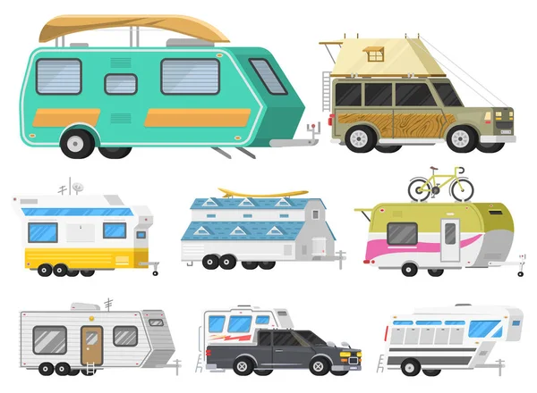 A set of trailers or family RV camping caravan. Tourist bus and tent for outdoor recreation and travel. Mobile home truck. Suv Car Crossover. Tourist transport, road trip, recreational vehicles. — Stock Vector