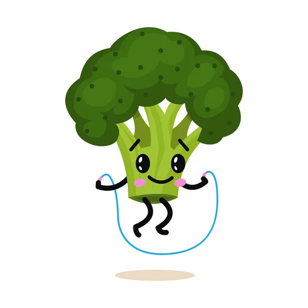 Spor sebze karakter. Şirin sağlıklı meyve ve komik surat. Mutlu yemek yeşil brokoli. İp atlama. vejetaryen vitamini diyet ve fitness kavramı. — Stok Vektör