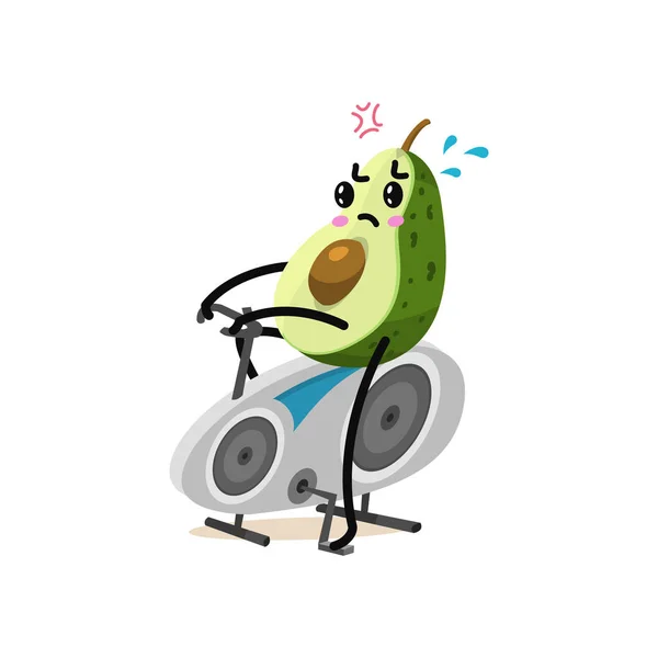 Spor meyve avokado karakter sabit bir bisiklet üzerinde. Şirin sağlıklı sebze ve komik sporcu. Mutlu yemek. vejetaryen vitamini diyet ve fitness kavramı. — Stok Vektör