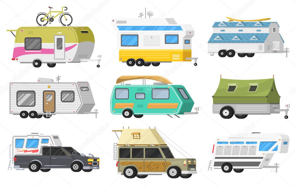 A set of trailers or family RV camping caravan. Tourist bus and tent for outdoor recreation and travel. Mobile home truck. Suv Car Crossover. Tourist transport, road trip, recreational vehicles.