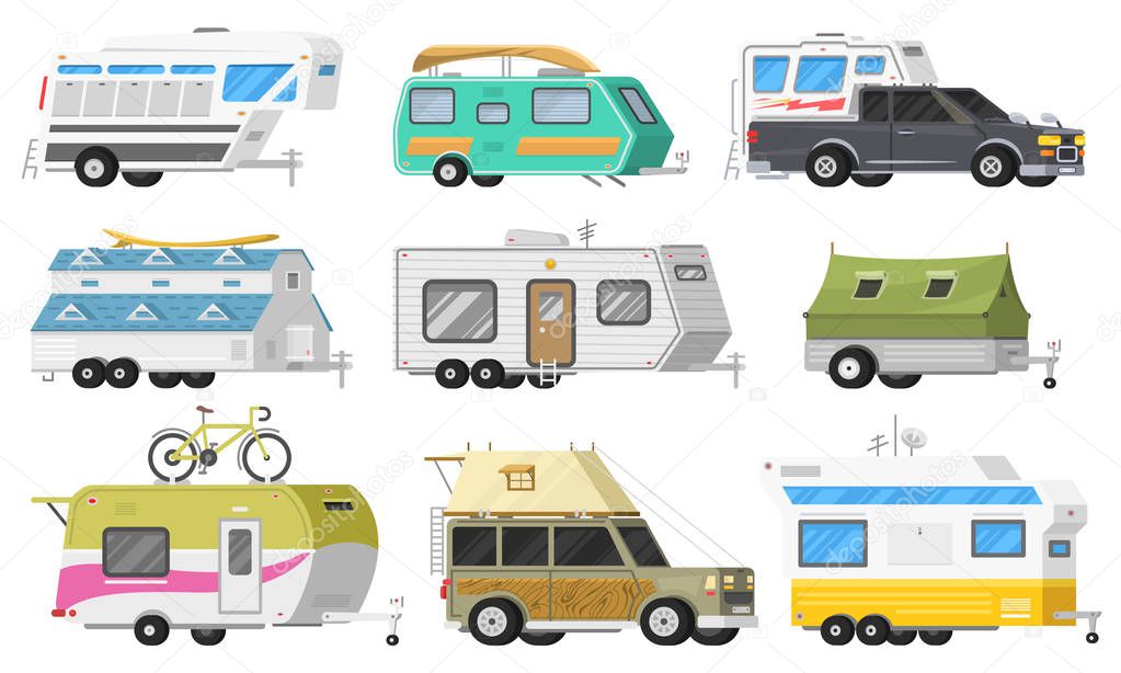 A set of trailers or family RV camping caravan. Tourist bus and tent for outdoor recreation and travel. Mobile home truck. Suv Car Crossover. Tourist transport, road trip, recreational vehicles.