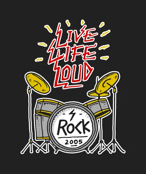 Rock and Roll μουσικής σύμβολα με φτερά κρανίο, κιθάρα, τύμπανα πένα. Ετικέτες, λογότυπα. Βαρύ μέταλλο πρότυπα για σχεδιασμό t-shirt, πάρτι και φεστιβάλ. Χέρι. Χαραγμένο σκίτσο. — Διανυσματικό Αρχείο
