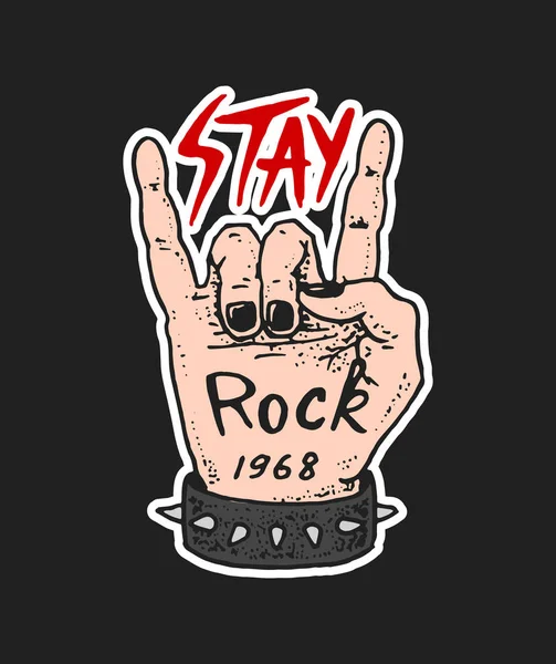 Symboles de musique rock avec Guitar Wings Skull, Drums Plectrum. étiquettes, logos. Modèles en métal lourd pour t-shirt design, soirée et festival. Tiré à la main. Croquis gravé . — Image vectorielle