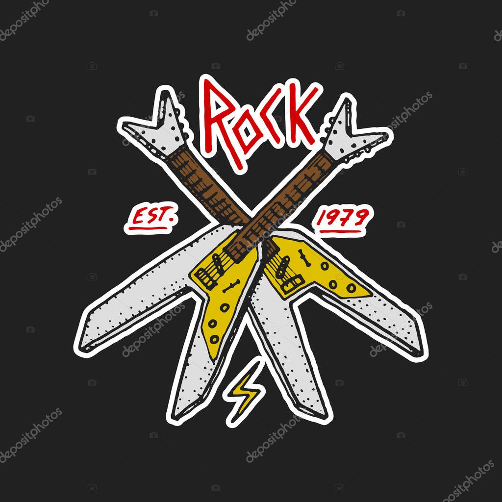 Rock and Roll music symbols with Guitar Wings Skull, Drums Plectrum. labels, logos. Heavy metal templates for design t-shirt, night party and festival. Hand drawn. Engraved sketch