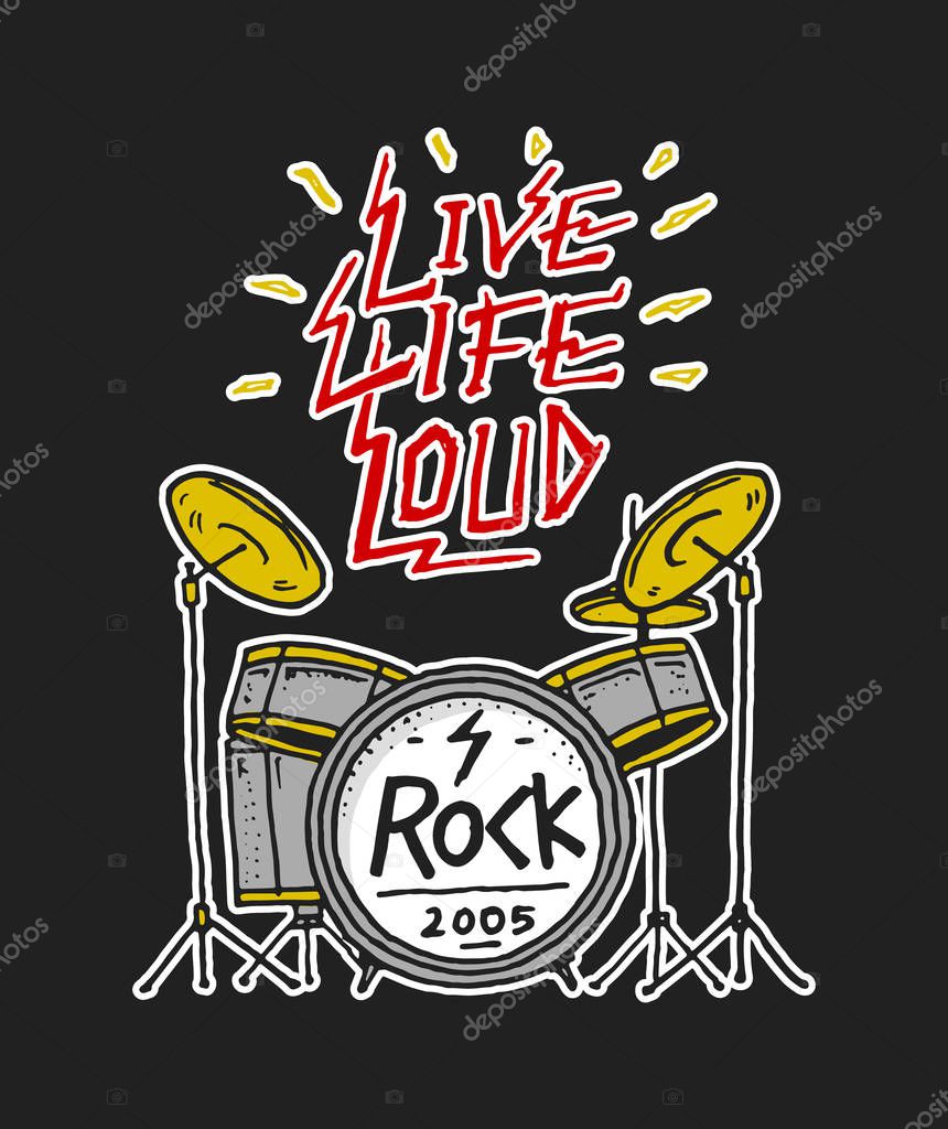 Rock and Roll music symbols with Guitar Wings Skull, Drums Plectrum. labels, logos. Heavy metal templates for design t-shirt, night party and festival. Hand drawn. Engraved sketch
