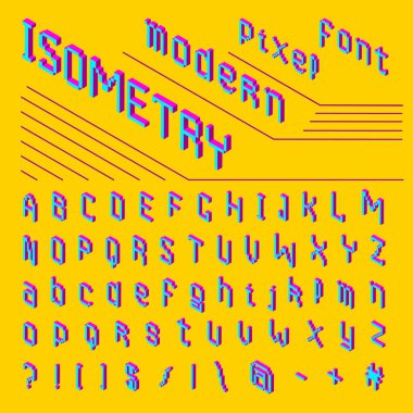 İzometrik piksel font. 8-bit sembolleri. 3D dijital video oyun tarzı. Harfler ve sayılar. Vintage retro yazı abc. Hata bilgisayar Video. Vektör alfabesi, fütüristik stili