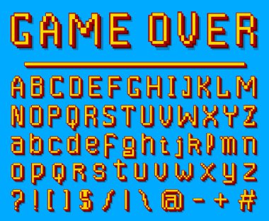 Piksel font. 8-bit sembolleri. Dijital video oyun tarzı. Harf ve rakam mavi zemin üzerine. Vintage retro yazı abc. Hata bilgisayar Video. Fütüristik tasarımı. Vektör alfabesi.