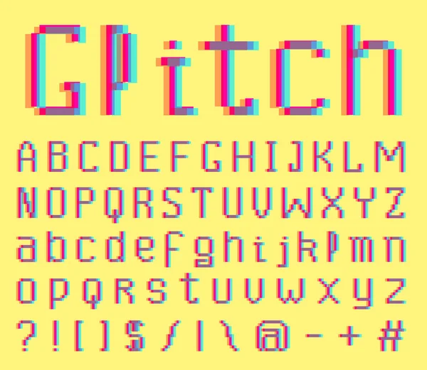 Fonte Pixel Glitch. bruit Symboles 8 bits. Style de jeu vidéo numérique. Lettres et chiffres. Style rétro vintage abc. Erreur vidéo d'ordinateur. Alphabet futuriste . — Image vectorielle