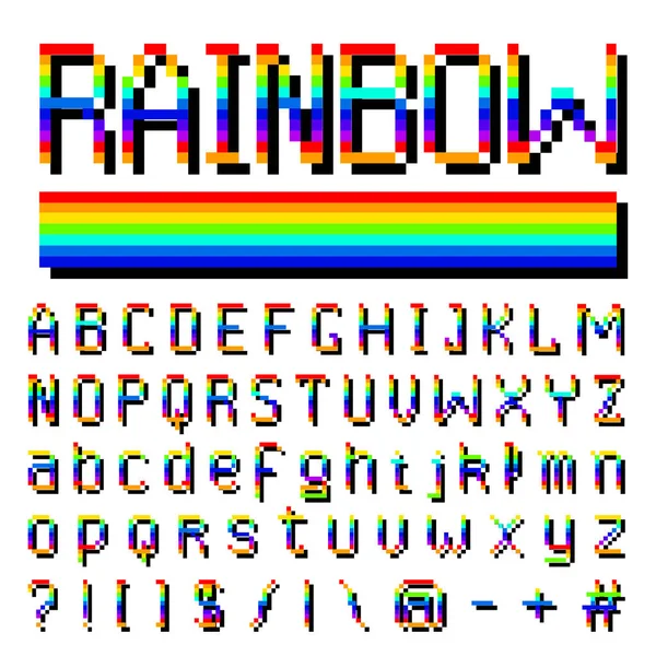Pixel fuente rainbow. símbolos de 8 bits. Estilo de videojuego digital. letras y números. Vintage tipo de letra retro abc. Error de vídeo informático. Diseño futurista. Alfabeto vectorial. Color Daño abstracto . — Vector de stock