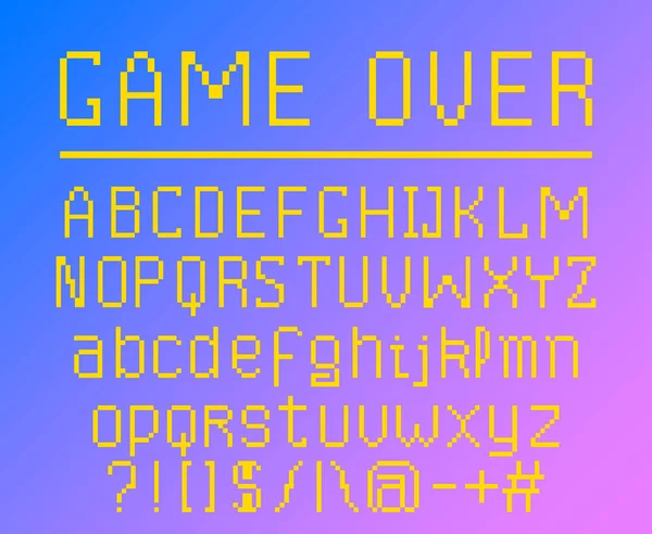 像素字体。8位符号。数字视频游戏风格。字母和数字。复古字体 abc。错误的计算机视频。抽象颜色伤害。未来主义设计。向量字母. — 图库矢量图片