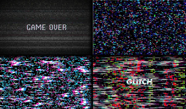 Bruit de pixel Glitch Texture. Test TV écran numérique VHS arrière-plan. Ensemble de vidéo d'ordinateur d'erreur. Abstrait noir Dommages . — Image vectorielle