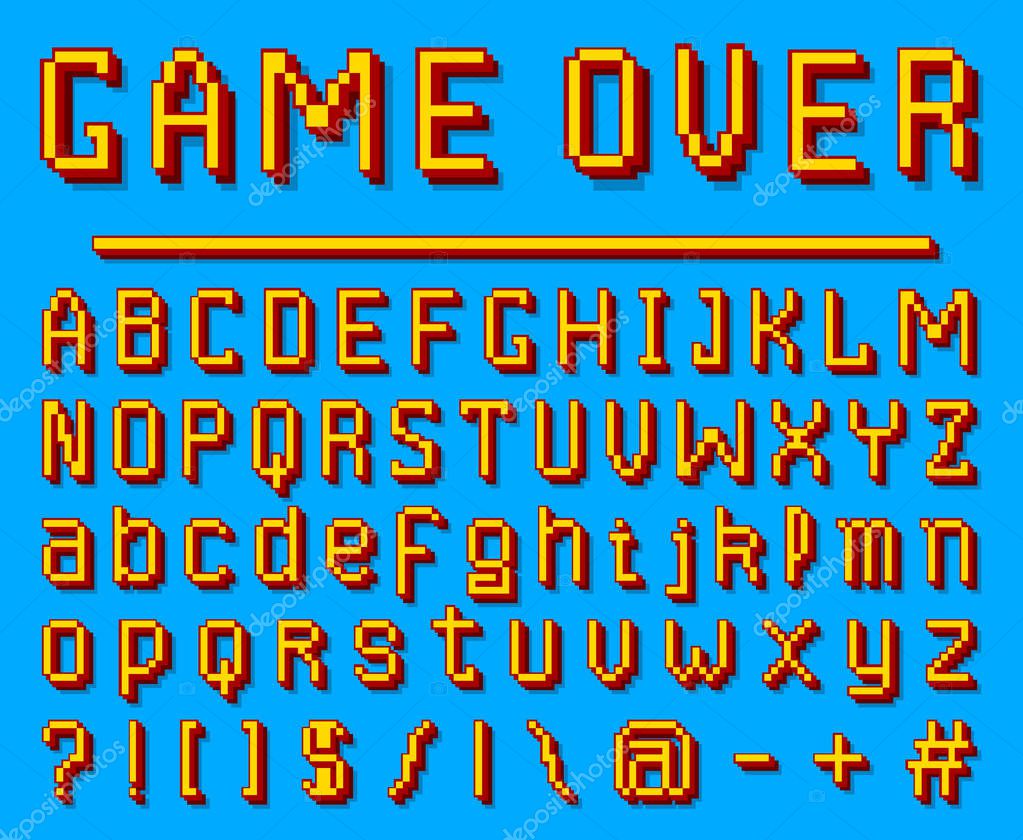 Pixel font. 8-bit symbols. Digital video game style. Letters and numbers on blue background. Vintage retro typeface abc. Error Computer Video. Futuristic style. Vector Alphabet