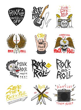 Rock and Roll müzik sembolleri gitar kanatları kafatası, davul mızrap ile kümesi. Etiketler, logolar. Heavy metal şablonları için tasarım t-shirt, gece parti ve Festivali. Elle çizilmiş. Oyulmuş kroki.