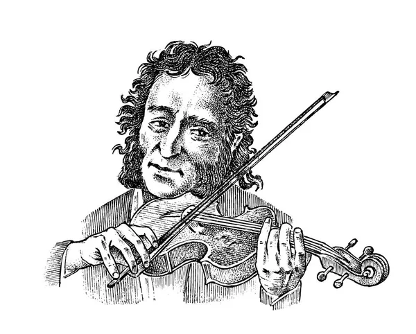 L'uomo suona il violino. Musicista con strumento classico. Esecuzione con un'orchestra sinfonica. Concetto musicale in stile vintage. Disegno monocromatico inciso a mano. illustrazione vettoriale — Vettoriale Stock