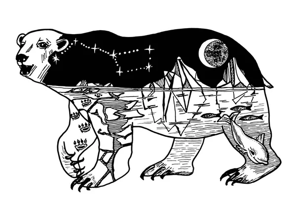 Doble exposición. oso con las montañas, el espacio y el bosque. Abstracto animal salvaje para tatuaje o etiqueta. Estilo vintage. Bosquejo dibujado a mano grabado . — Archivo Imágenes Vectoriales