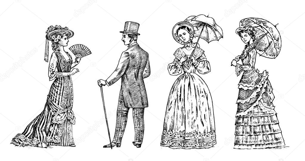 Antique ladie and man. Victorian Dame and gentleman. Ancient Retro Clothing. Woman in Ball lace dress. Vintage engraving style. hand drawn old monochrome sketch. Vector illustration.