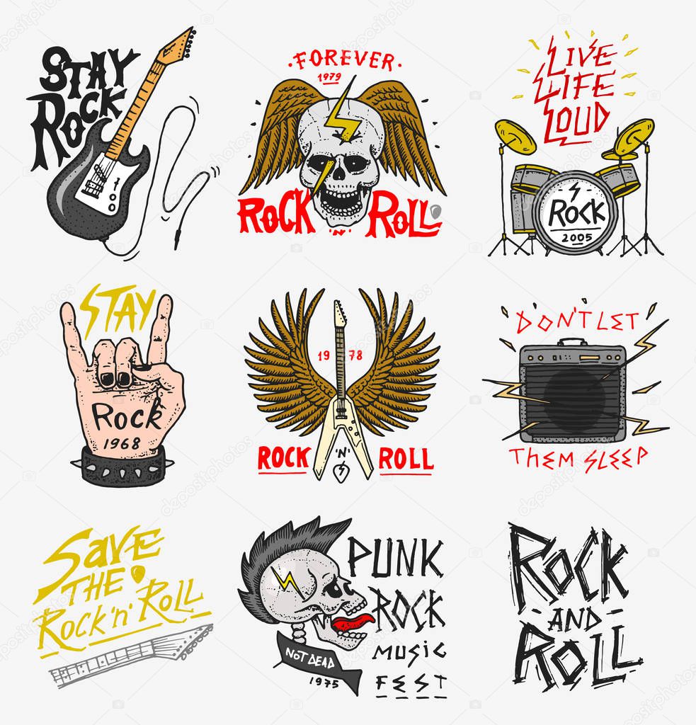 Set of Rock and Roll music symbols with Guitar Wings Skull, Drums Plectrum. labels, logos. Heavy metal templates for design t-shirt, night party and festival. Hand drawn. Engraved sketch.