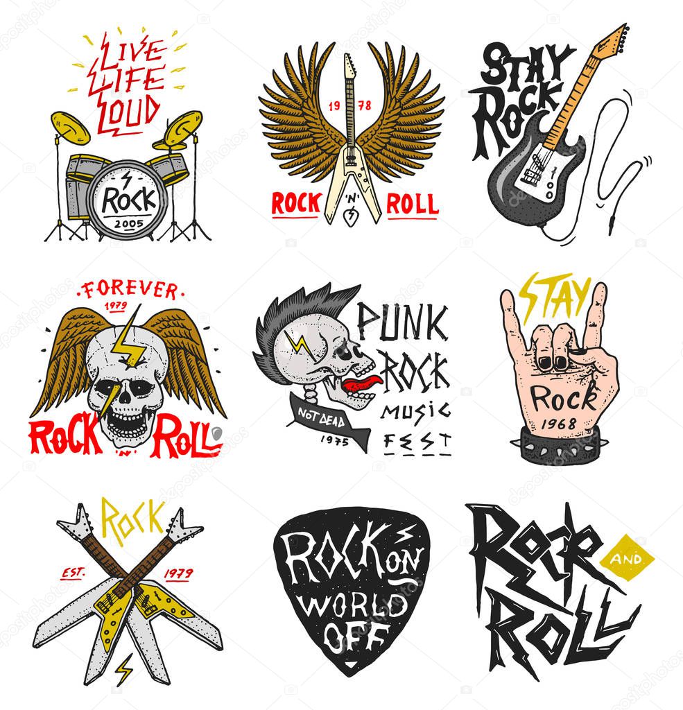 Set of Rock and Roll music symbols with Guitar Wings Skull, Drums Plectrum. labels, logos. Heavy metal templates for design t-shirt, night party and festival. Hand drawn. Engraved sketch.