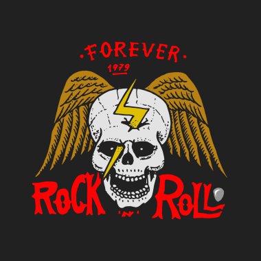 Rock and Roll müzik sembolleri gitar kanatları kafatası, davul mızrap ile. Etiketler, logolar. Heavy metal şablonları için tasarım t-shirt, gece parti ve Festivali. Elle çizilmiş. Oyulmuş kroki.