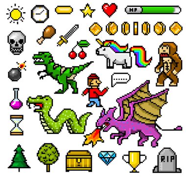 Piksel sanat 8 bit eşyaları. Retro oyun varlıklar. Simgeler kümesi. Vintage bilgisayar video pasajlar. karakter dinozor midilli gökkuşağı tek boynuzlu at yılan Ejderha maymun ve paralar, Kazananlar ödül. vektör çizim.