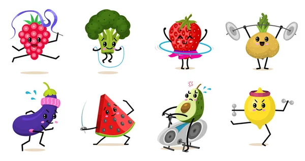 Sports fruit characters. Set of Cute healthy vegetables and funny face berries. Happy food strawberry eggplant banana watermelon broccoli avocado turnip. vegetarian vitamin diet and fitness concept. — Stock Vector