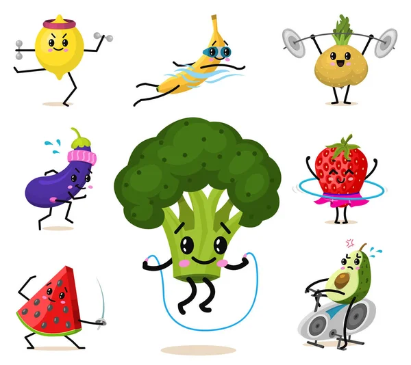 Şirin sağlıklı sebze kümesi. Spor meyve karakterler, komik surat çilek. Mutlu yiyecek çilek patlıcan muz karpuz brokoli avokado şalgam. vejetaryen vitamini diyet ve fitness kavramı. — Stok Vektör