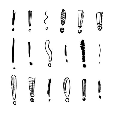 Ünlem işareti Seamless modeli... Doodle tarzı. Simgeler koleksiyonu ve neden imzalar. Oyma el çizilmiş kroki. Soyut vektör.