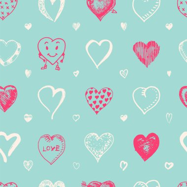 Kalpler Seamless modeli. Doodle Sevgililer. Aşk sembolü. Doku için oyulmuş el çizilmiş kroki