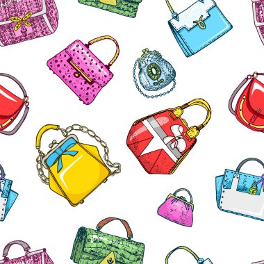 Bayan çanta seamless modeli. Vintage tarzı. Elle çizilmiş doodle moda aksesuarları. Yama ve iğneler.