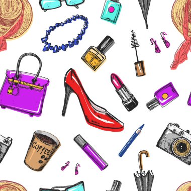 Dikişsiz desen kadınlar s aksesuarlar kozmetik. Vintage tarzı. El çizilmiş doodle şapka, Ayakkabı ve makyaj aletleri. Yama ve iğneler.