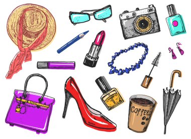 Kadınlar s aksesuarlar kozmetik. Vintage tarzı. El çizilmiş doodle şapka, Ayakkabı ve makyaj aletleri. Yama ve iğneler.