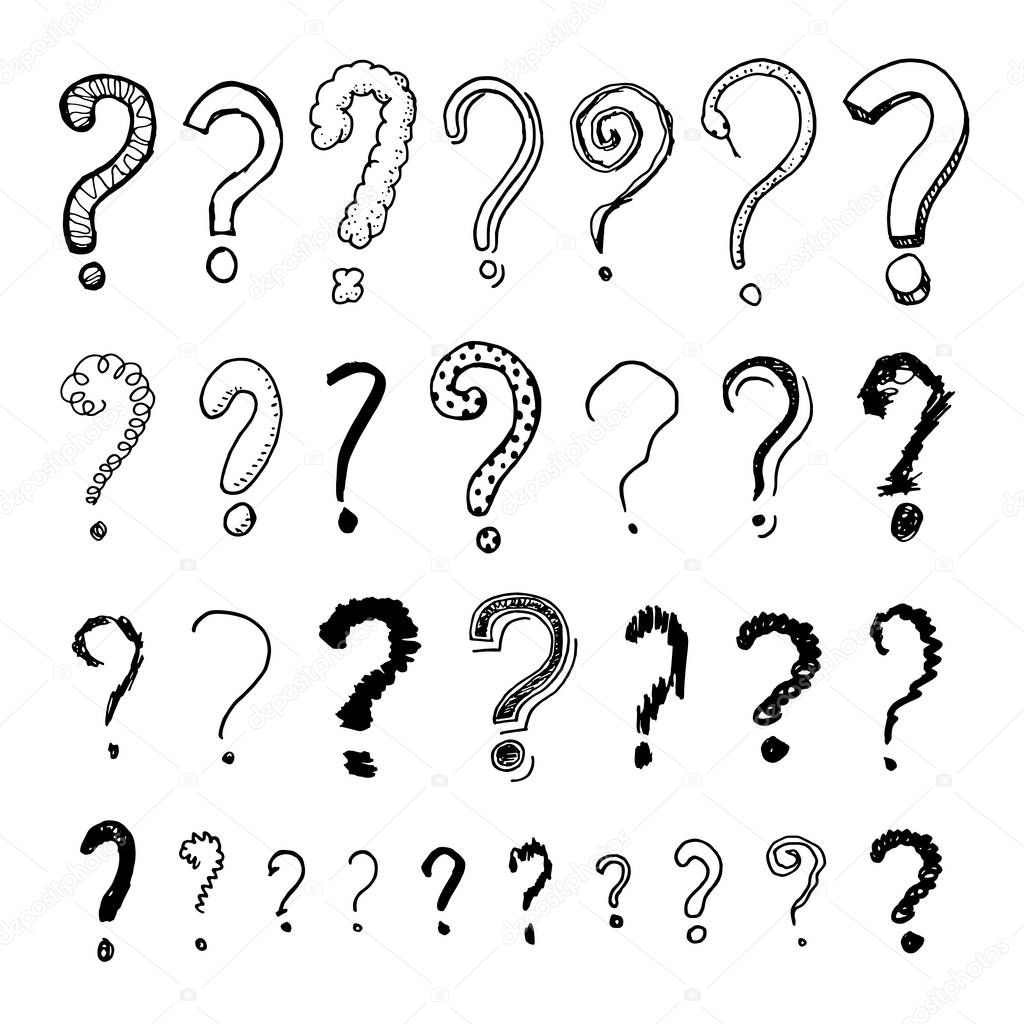 Set of question mark. Doodle style. Collection of icons and signs Why. Engraved hand drawn sketch. Abstract vector
